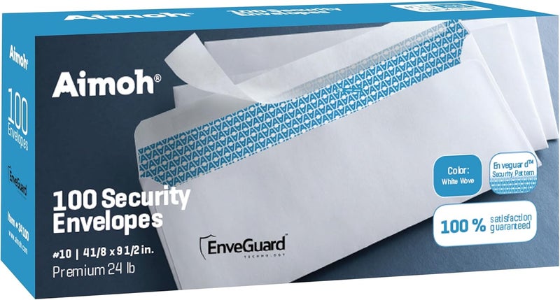 Aimoh 100#10 Security Self-Seal Envelopes, Windowless Design, Premium Security Tint Pattern, Ultra Strong Quick-Seal Closure -EnveGuard- Size 4-1/8 x 9-1/2 Inches -White- 24 LB (34010-100) - Image 1