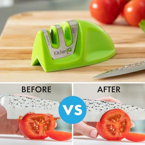 KitchenIQ 50881 - شارب سكاكين ذو مرحلتين - أخضر - شواحن خشنة وناعمة - مدمج للتخزين السهل - قاعدة ثابتة غير قابلة للانزلاق - مقبض مطاطي ناعم - سكاكين مستقيمة ومسننة - Image 2