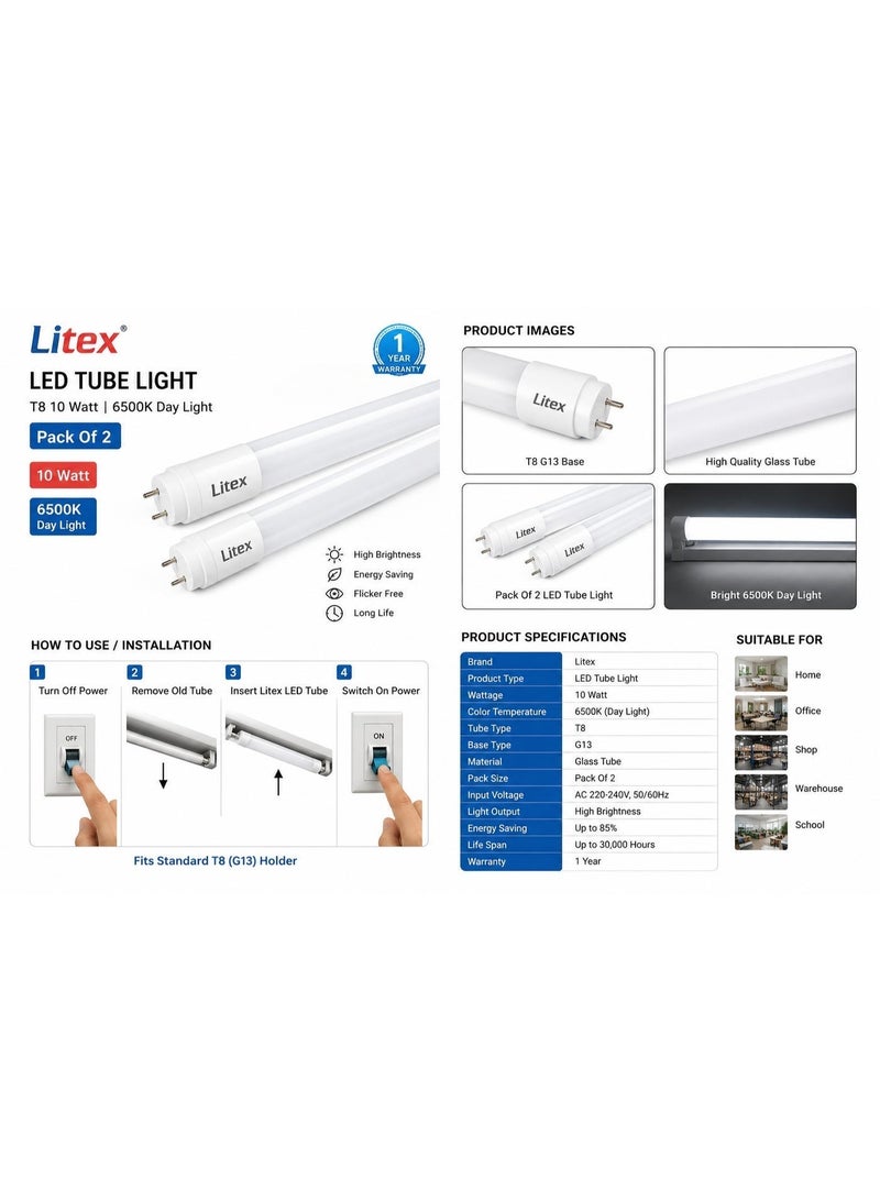 Litex Pack Of 2 LED Tube Rod Light With Glass T8 10 Watt 6500K (GT 10/LTX) - Image 5