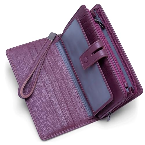 Bveyzi Women's Big Fat Rfid Leather Wristlet Wallet Organizer Large Phone Checkbook Holder with Zipper Pocket (Purple) - Image 1