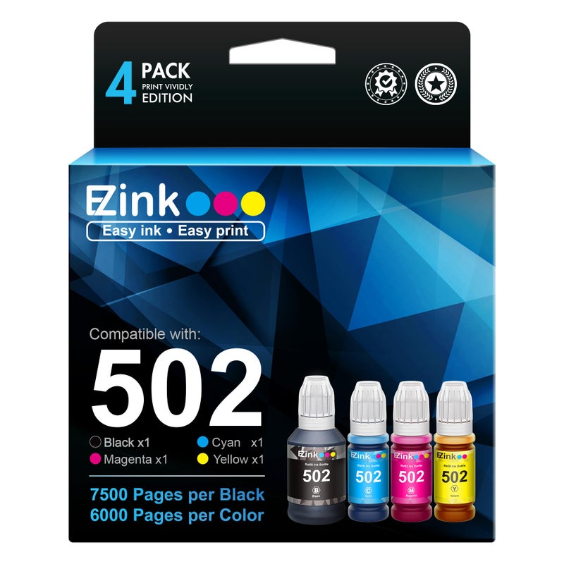 E-Z Ink Refill Ink Bottle Replacement Compatible for Epson 502 T502 522 T522 High Yield to use with ET-4760,ET-3760,ET-2760,ET-3710,ET-2750,ET-3700 Printer (Black, Cyan, Magenta, Yellow, 4 Pack) - Image 1