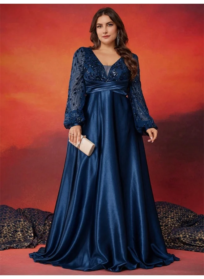 Madam Uniq Sequin Satin Color-blocked Plus Size V-Neck Long Sleeve Pleated Evening Gown