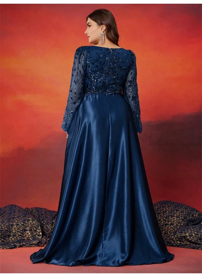 Madam Uniq Sequin Satin Color-blocked Plus Size V-Neck Long Sleeve Pleated Evening Gown