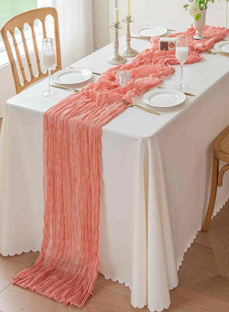 Aideli Wrinkled Gauze Table Runner 90×400cm, Soft Sheer Cheesecloth for Wedding Bridal Shower Birthday Baby Shower Centerpiece Table Decor – Coral Peach - Image 1