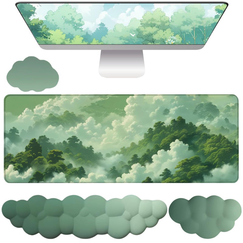 WFCYGL Green Cloud Mouse Pad and Keyboard Wrist Rest 4PCS Extended Forest Mountain Aesthetic Large Desk Mat Pad Set Memory Foam NonSlip Cute Ergonomic Gaming Mouse Pad Wrist Support for Computer Home Office - Image 2