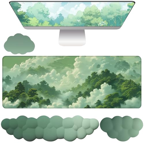 WFCYGL Green Cloud Mouse Pad and Keyboard Wrist Rest 4PCS Extended Forest Mountain Aesthetic Large Desk Mat Pad Set Memory Foam NonSlip Cute Ergonomic Gaming Mouse Pad Wrist Support for Computer Home Office - Image 1