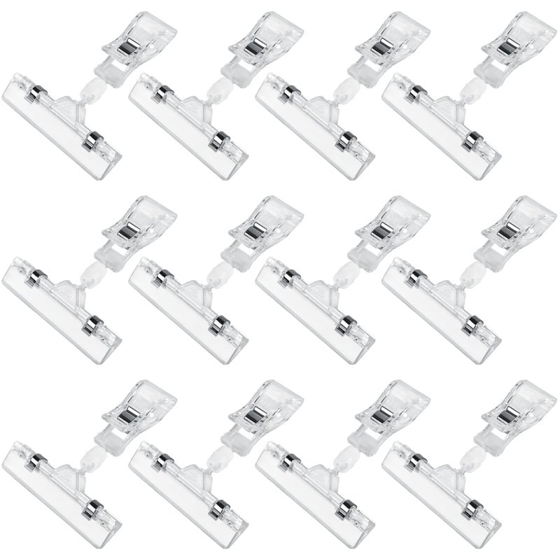 Inchoco Clear Sign Clips Merchandise Display 12 Pack Plastic Label Pop Clips on Sign Holder Shelf Double Sided Swivel Price Tag Holders on Clothing Rack Rotatable Menu Clamps for Sale Retail Display - Image 1