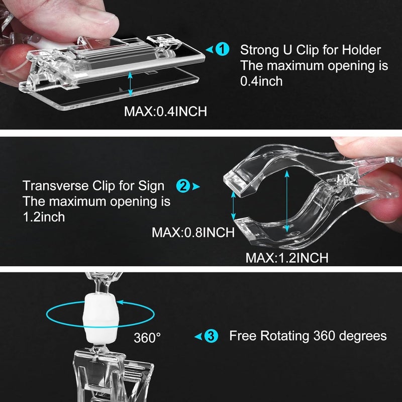 Inchoco Clear Sign Clips Merchandise Display 12 Pack Plastic Label Pop Clips on Sign Holder Shelf Double Sided Swivel Price Tag Holders on Clothing Rack Rotatable Menu Clamps for Sale Retail Display - Image 3