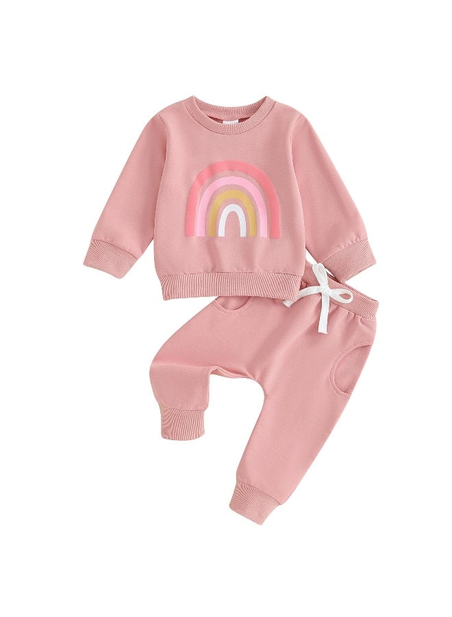 Two pieces Kids Suit Autumn Baby Girls Boys Outfits Cute Rainbow Print Long Sleeve Sweatshirt Top Pants Set For Toddler Clothes