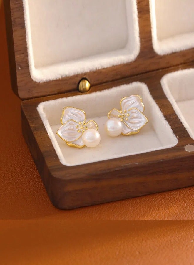 Freshwater Pearlescent Sheen Earrings Enamel Oil Drop Coating Flower Petal Earrings 925 Silver Needle  - Image 5