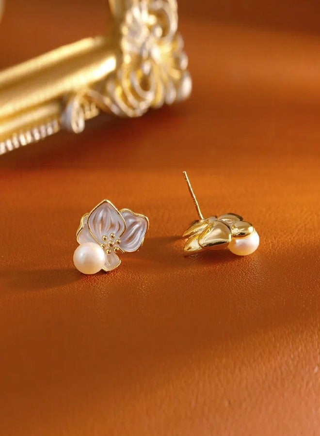 Freshwater Pearlescent Sheen Earrings Enamel Oil Drop Coating Flower Petal Earrings 925 Silver Needle  - Image 4