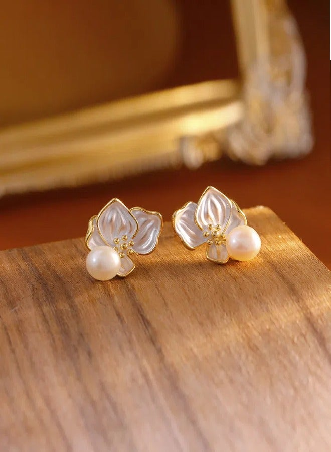 Freshwater Pearlescent Sheen Earrings Enamel Oil Drop Coating Flower Petal Earrings 925 Silver Needle  - Image 1
