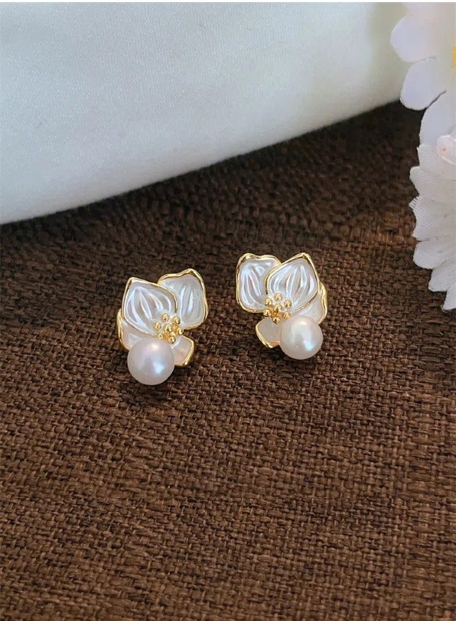Freshwater Pearlescent Sheen Earrings Enamel Oil Drop Coating Flower Petal Earrings 925 Silver Needle  - Image 2