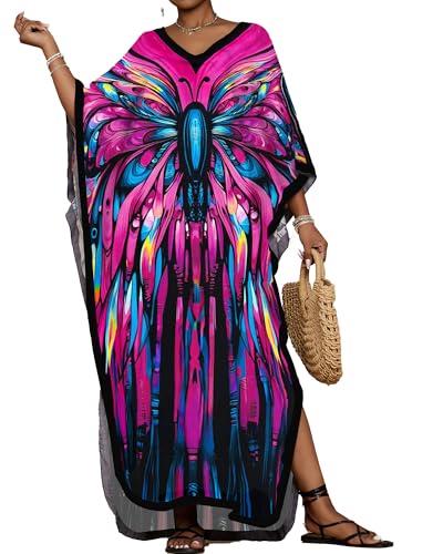 Bsubseach Kaftan Dresses for Women Floral Print Caftans Bathing Suit Cover Ups Plus Size Long Beach Coverup Dress Rose Red - Image 1