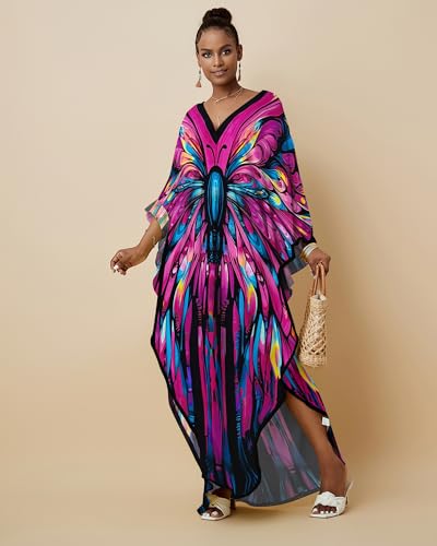 Bsubseach Kaftan Dresses for Women Floral Print Caftans Bathing Suit Cover Ups Plus Size Long Beach Coverup Dress Rose Red - Image 4