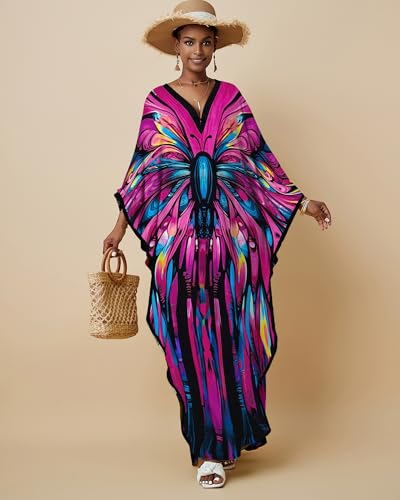 Bsubseach Kaftan Dresses for Women Floral Print Caftans Bathing Suit Cover Ups Plus Size Long Beach Coverup Dress Rose Red - Image 2