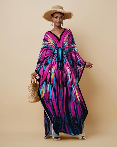 Bsubseach Kaftan Dresses for Women Floral Print Caftans Bathing Suit Cover Ups Plus Size Long Beach Coverup Dress Rose Red - Image 3