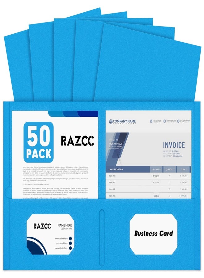 RAZCC Two Pocket Folders, 50 Pack 2Pocket Folders Fit Letter Size Paper, Paper Folders with Pockets for School Office Business Home, Blue - Image 1
