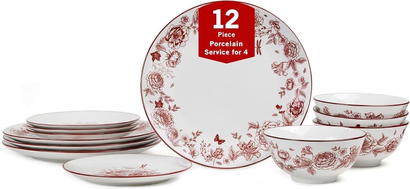 Stone Lain طقم أدوات المائدة من ستون لين إسمى 12 قطعة من الأطباق والأوعية الخزفية لطاولة 4 آمن في الميكروويف وغسالة الصحون باللون الأحمر - Image 1