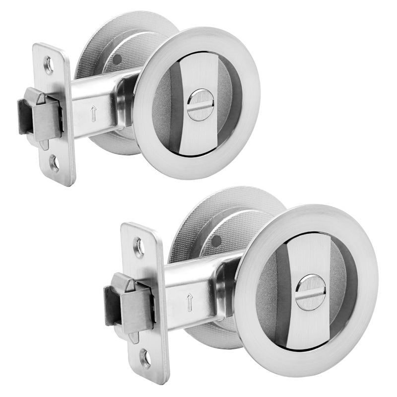 Dontay 2 Pack Pocket Door Privacy Lock Flush Handles 238 Backset BedBath Latch Recessed Knob Hardware for 1 38 to 2 316 Thickness Door Excluding Edge Pull Brushed Nickel Round - Image 2