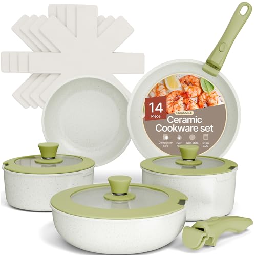 BAKKENMASTER Pots and Pans Set Non Stick Ceramic-Granite – 14-Piece Cookware with Detachable Handles, Stackable Space-Saving, Dishwasher Safe, Stain-resistant, Oven & All-Stove Safe, Tempered Glass Lids, Green - Image 1