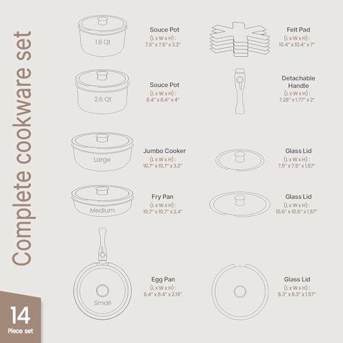 BAKKENMASTER Pots and Pans Set Non Stick Ceramic-Granite – 14-Piece Cookware with Detachable Handles, Stackable Space-Saving, Dishwasher Safe, Stain-resistant, Oven & All-Stove Safe, Tempered Glass Lids, Green - Image 2