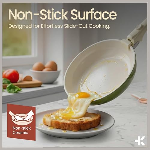 BAKKENMASTER Pots and Pans Set Non Stick Ceramic-Granite – 14-Piece Cookware with Detachable Handles, Stackable Space-Saving, Dishwasher Safe, Stain-resistant, Oven & All-Stove Safe, Tempered Glass Lids, Green - Image 3