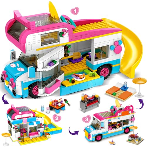 HOGOKIDS 3-in-1 Girls Camper Van Building Set - 494PCS Summer Beach Camping Building Blocks Sets | Food Truck Toys with Slide and Stickers | Easter Gifts for Girls Boys Age 6 7 8 9 10 11 12+ - Image 1