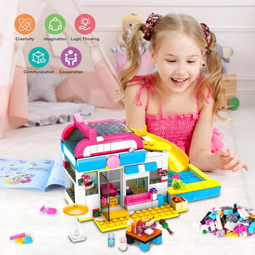HOGOKIDS 3-in-1 Girls Camper Van Building Set - 494PCS Summer Beach Camping Building Blocks Sets | Food Truck Toys with Slide and Stickers | Easter Gifts for Girls Boys Age 6 7 8 9 10 11 12+ - Image 4