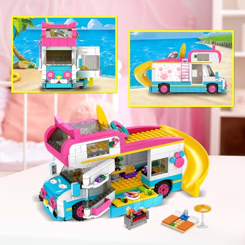 HOGOKIDS 3-in-1 Girls Camper Van Building Set - 494PCS Summer Beach Camping Building Blocks Sets | Food Truck Toys with Slide and Stickers | Easter Gifts for Girls Boys Age 6 7 8 9 10 11 12+ - Image 5