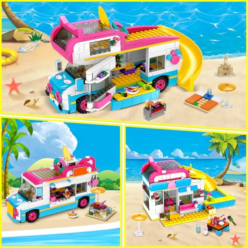 HOGOKIDS 3-in-1 Girls Camper Van Building Set - 494PCS Summer Beach Camping Building Blocks Sets | Food Truck Toys with Slide and Stickers | Easter Gifts for Girls Boys Age 6 7 8 9 10 11 12+ - Image 2