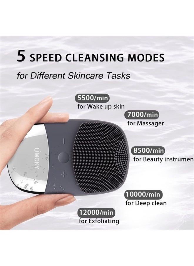 Uimoky - Facial Cleansing Brush, 3-in-1 Electric Silicone Face Scrubber, Vibrating Massager, IPX7 Waterproof, USB Rechargeble Face Scrubber Brush for Deep Cleanning, Blackhead Remover, Exfoliating (Gray) - Image 1