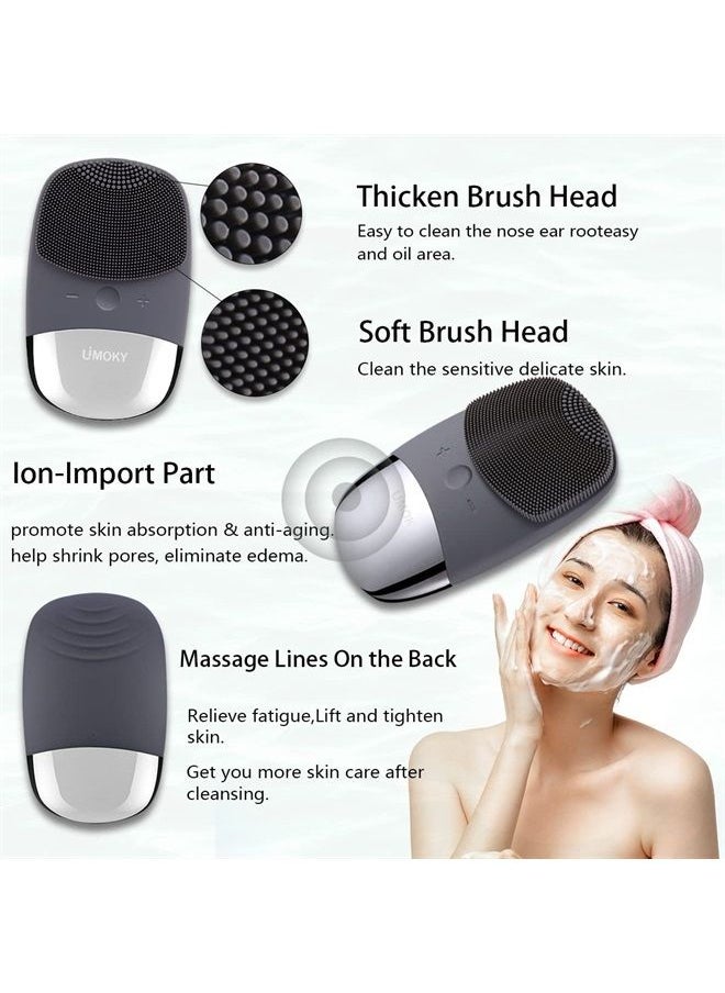 Uimoky - Facial Cleansing Brush, 3-in-1 Electric Silicone Face Scrubber, Vibrating Massager, IPX7 Waterproof, USB Rechargeble Face Scrubber Brush for Deep Cleanning, Blackhead Remover, Exfoliating (Gray) - Image 1