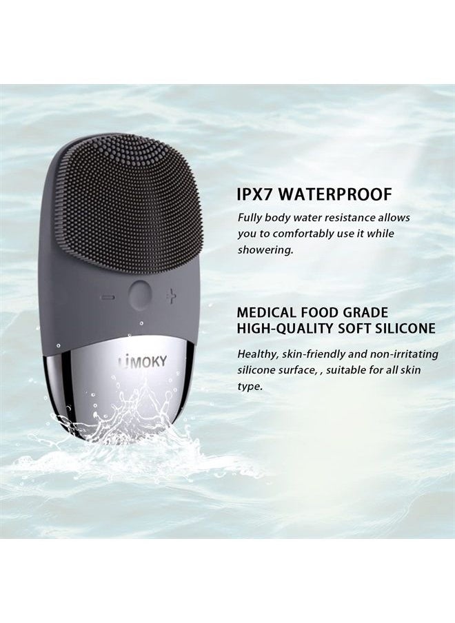 Uimoky - Facial Cleansing Brush, 3-in-1 Electric Silicone Face Scrubber, Vibrating Massager, IPX7 Waterproof, USB Rechargeble Face Scrubber Brush for Deep Cleanning, Blackhead Remover, Exfoliating (Gray) - Image 1