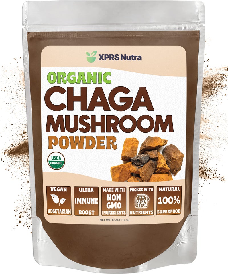 XPRS Nutra Organic Chaga Mushroom Powder Premium USDA Organic Chaga Mushrooms Powder Chaga Powder Supports Immune Health Vegan Friendly Superfood for Chaga Tea and Beverages 8 oz