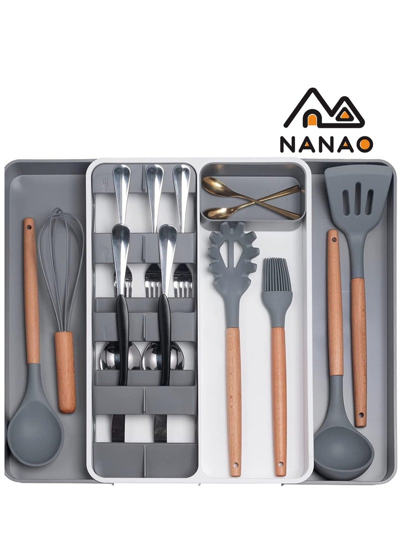 ناناو منظّم أدراج الفضيات منظم درج المطبخ القابل للتوسيع ومنظم أدوات المائدة الكبير القابل للتوسيع في الدرج ودرج أدوات المائدة المثالي الحجم القابل للضبط لأدوات المطبخ والأواني المسطحة (10.5 بوصة -18.4 بوصة) - Image 1