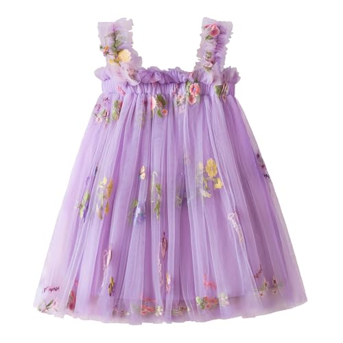 Nileafes Baby Girl Casual Tutu Dress Strap Tulle Flower Butterflies Embroidery Princess Dresses Size 80 (6-12 Months, 107-Purple) - Image 1