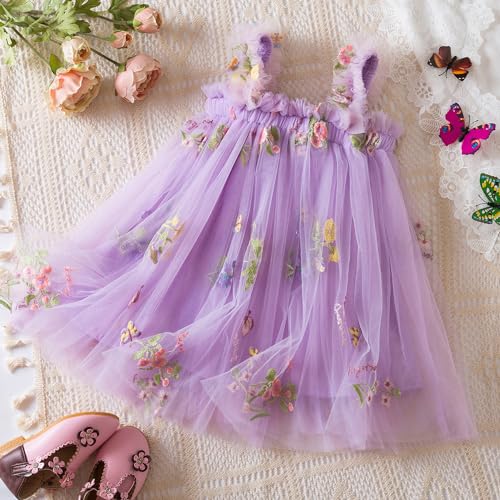 Nileafes Baby Girl Casual Tutu Dress Strap Tulle Flower Butterflies Embroidery Princess Dresses Size 80 (6-12 Months, 107-Purple) - Image 2