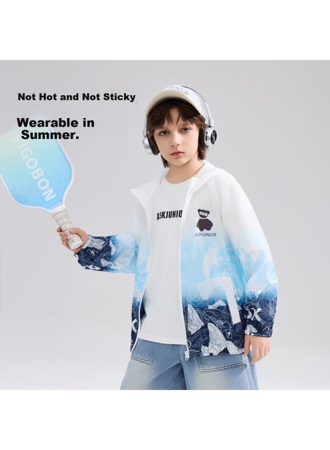 Ask Junior Boys' Summer Air-conditioned Jacket Colorblock Hooded Sports Windbreaker Light Blue 120 - Image 4