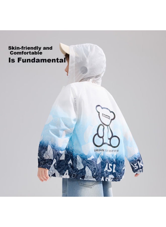 Ask Junior Boys' Summer Air-conditioned Jacket Colorblock Hooded Sports Windbreaker Light Blue 120 - Image 2