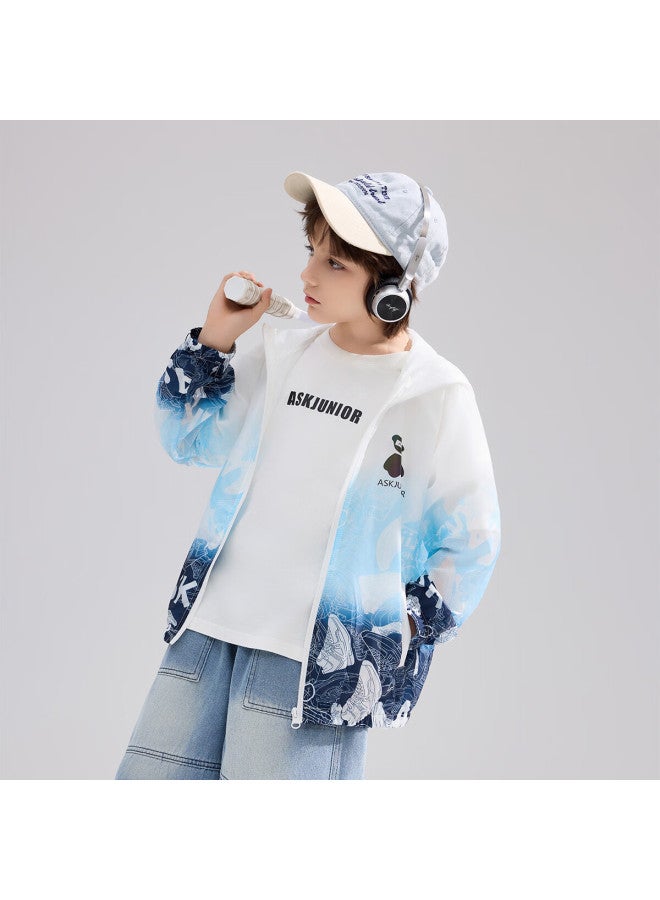 Ask Junior Boys' Summer Air-conditioned Jacket Colorblock Hooded Sports Windbreaker Light Blue 120 - Image 5