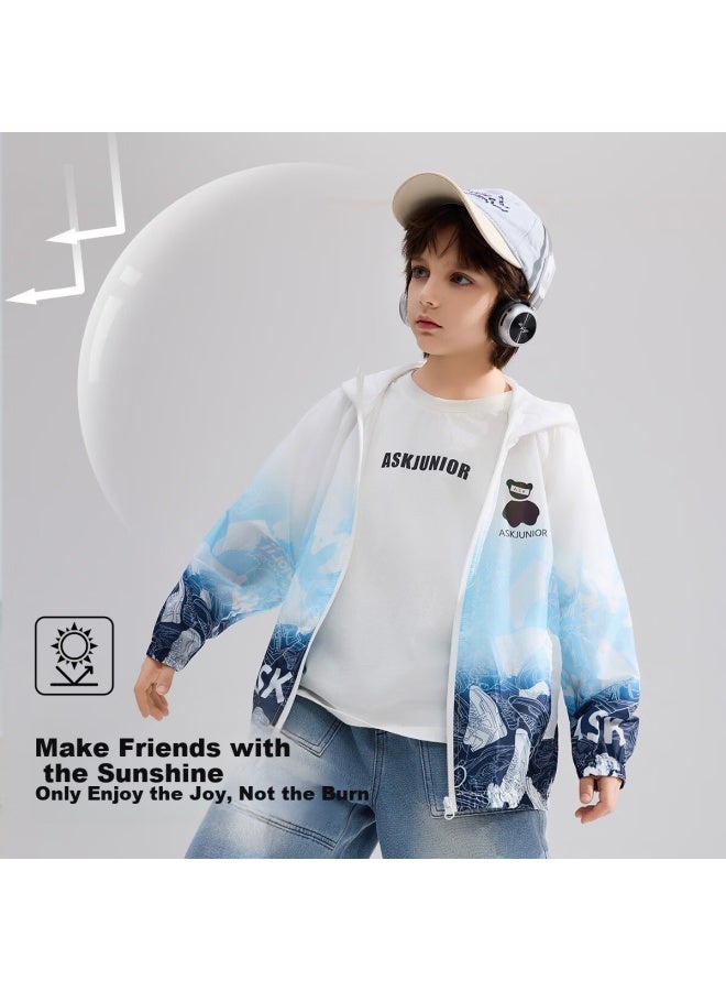 Ask Junior Boys' Summer Air-conditioned Jacket Colorblock Hooded Sports Windbreaker Light Blue 120 - Image 1