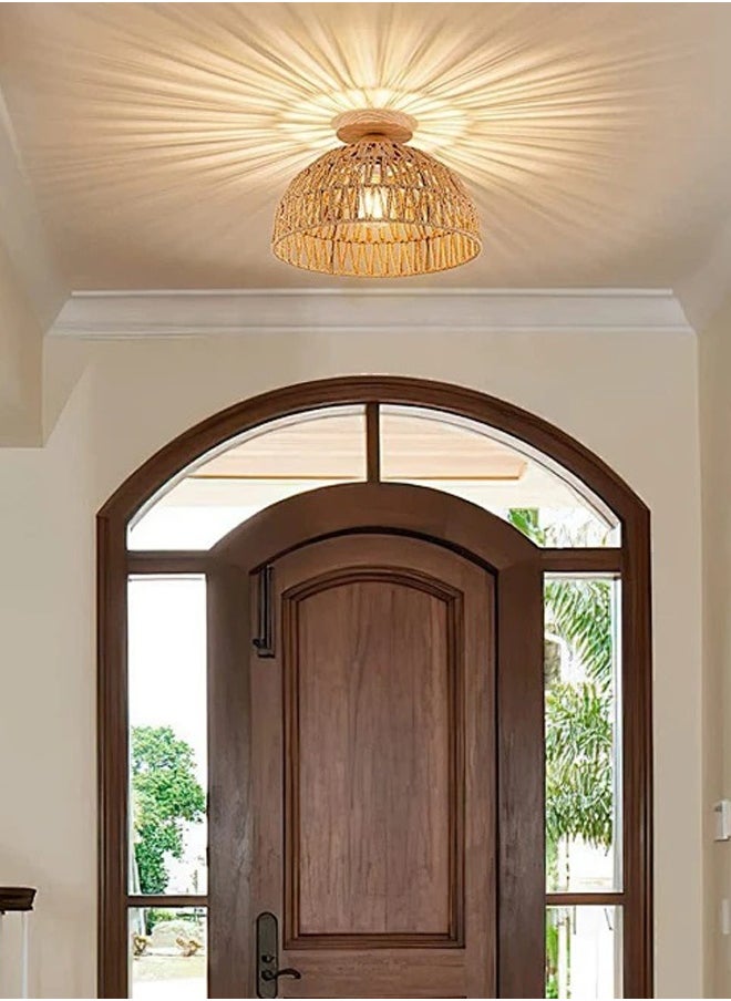 Sumkyle Rattan ceiling light, bohemian style half ceiling low light, handmade rattan lighting fixture, E27 pendant light for living room bedroom dining room kitchen hallway  - Image 3