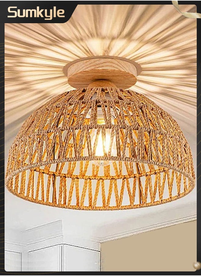Sumkyle Rattan ceiling light, bohemian style half ceiling low light, handmade rattan lighting fixture, E27 pendant light for living room bedroom dining room kitchen hallway  - Image 1