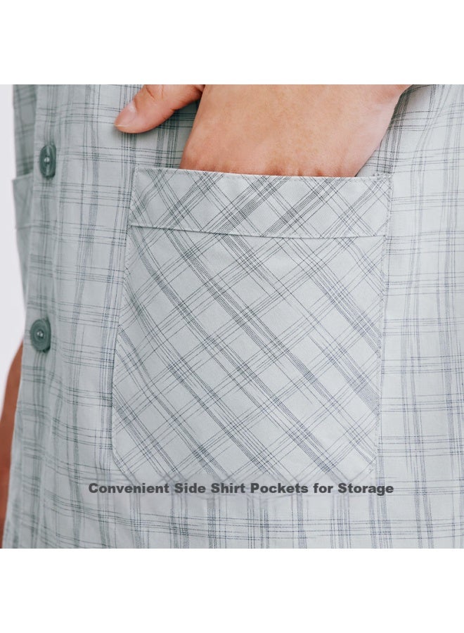 Threegun Men's Cotton Grid Print Short Sleeve Long Pants Lapel Collar Pajamas Set - Image 3