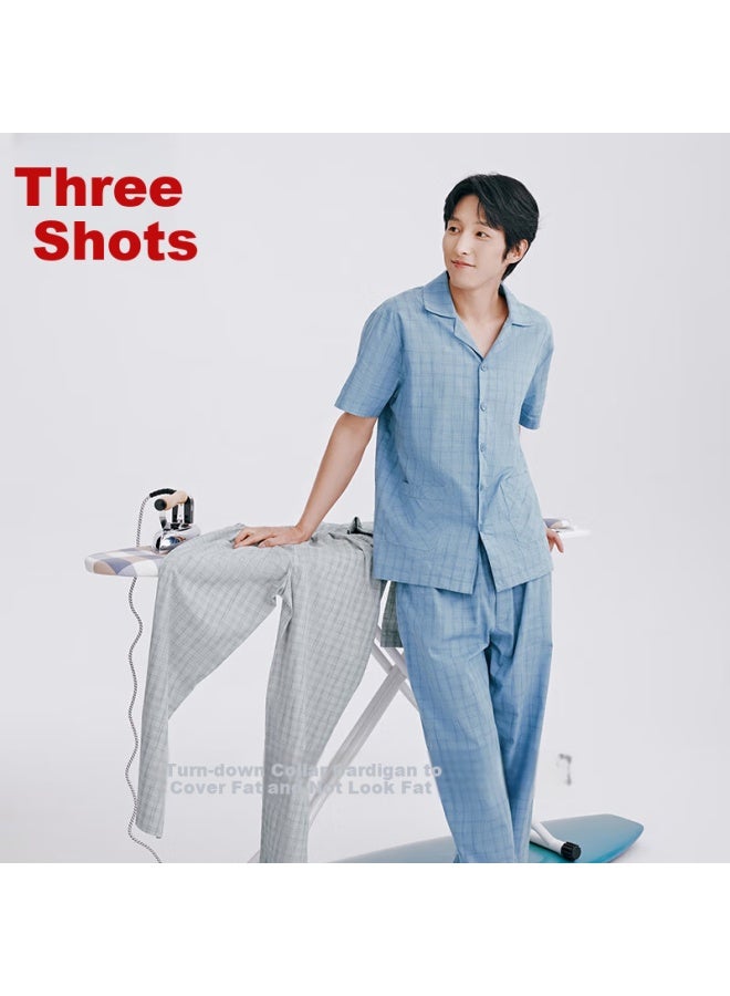 Threegun Men's Cotton Grid Print Short Sleeve Long Pants Lapel Collar Pajamas Set - Image 2