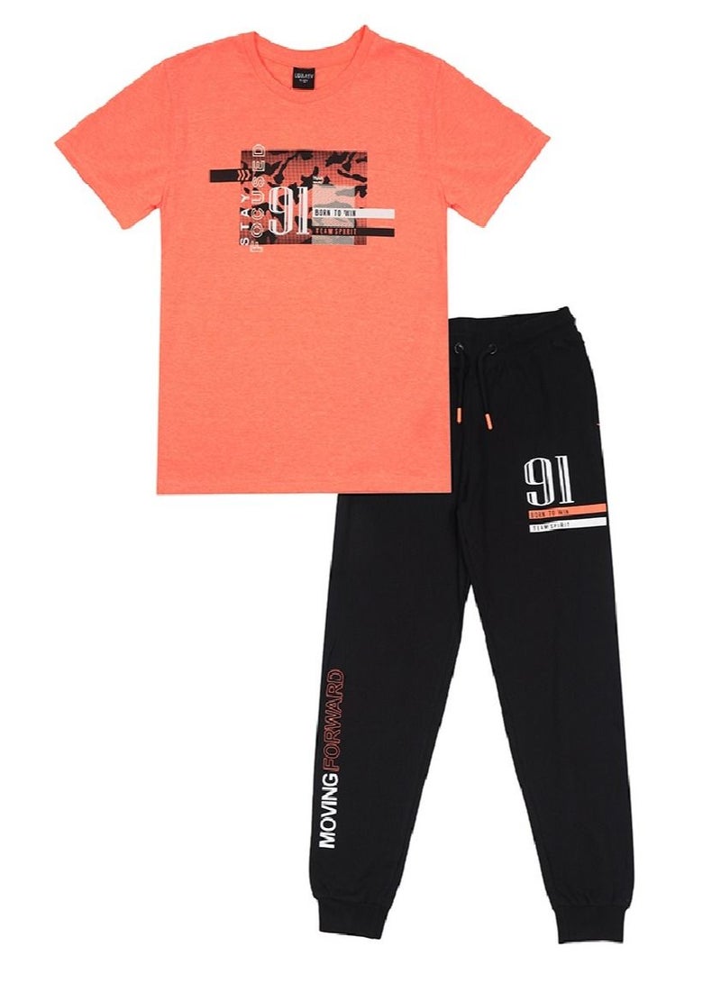Urbasy Boys/Teens Printed Round Neck Orange T-Shirt With Black Jogger pants set - Image 3