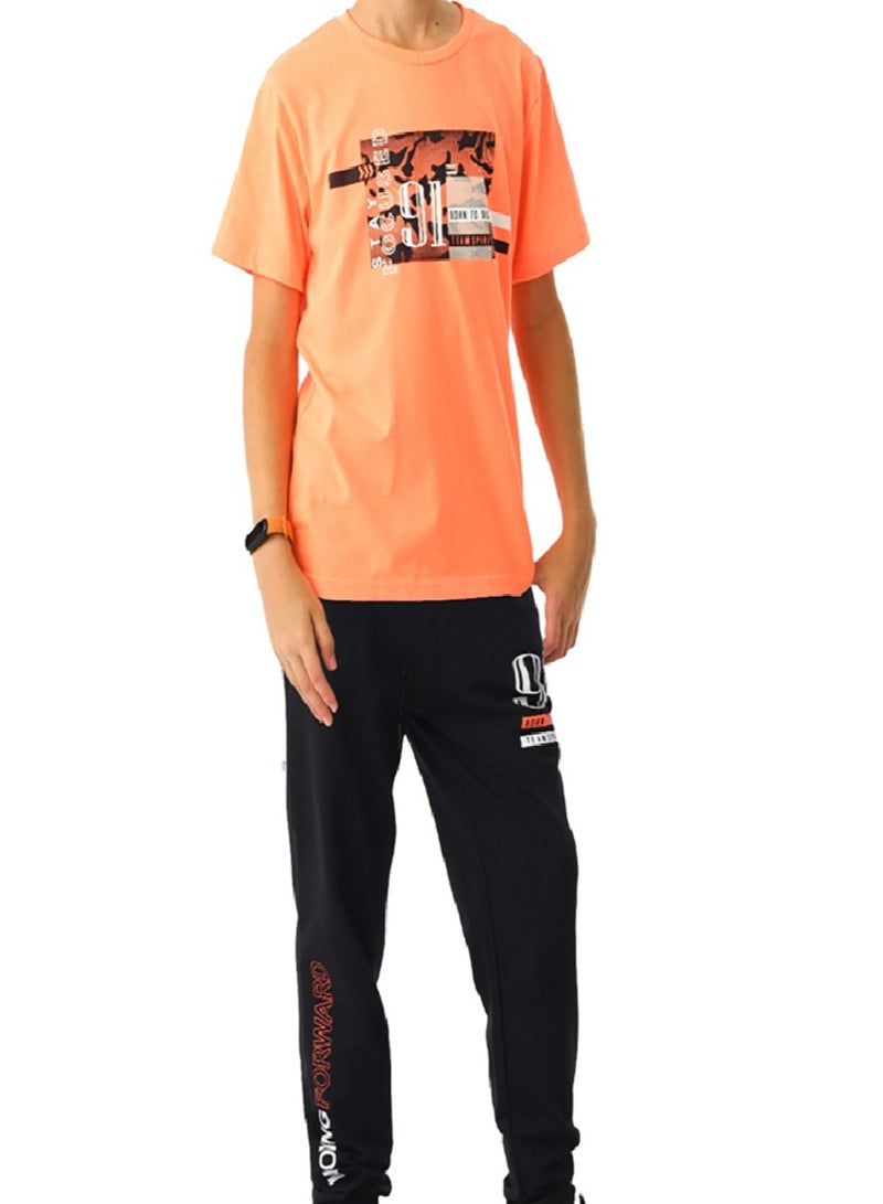 Urbasy Boys/Teens Printed Round Neck Orange T-Shirt With Black Jogger pants set - Image 1