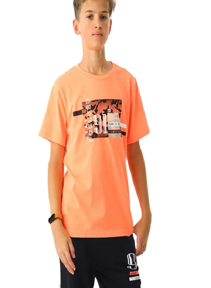 URBASY Urbasy Boys/Teens Printed Round Neck Orange T-Shirt With Black Jogger pants set
