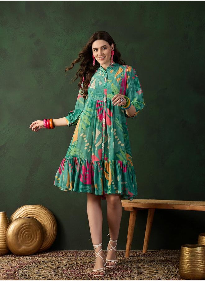 DW Printed A-Line Ethnic Knee-Length Dress by Styli  - Image 1